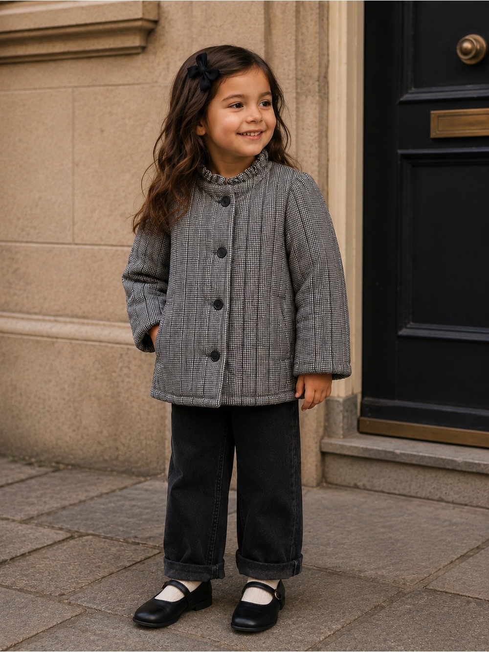 Girls black and white check quilted jacket